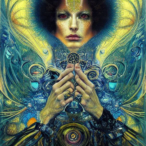 Image similar to Divine Chaos Engine by Karol Bak, Jean Deville, Gustav Klimt, and Vincent Van Gogh, beautiful visionary mystical portrait, sacred, otherworldly, fractal structures, ornate gilded medieval icon, third eye, spirals