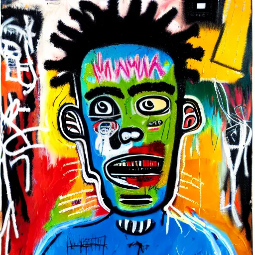 Image similar to detailed neo expressionism chaotic oil painting of sad boy rapper depressed with tattoos by basquiat