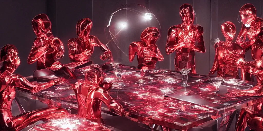 Prompt: !13 diverse cybersuits on !one_side of a reflective !metal table, !!posing_as_last_supper cinematic lighting, detailed glowing red implants, satin, crystal, liquid, floating, !!highly detailed