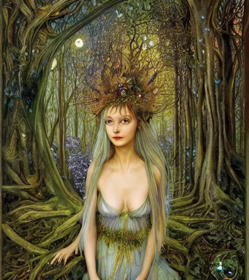 Image similar to fey queen of the summer forest, dress of leaves, fine features, thin, young, silver shimmering hair, by brian froud, stars, night colors, oil on canvas, oil panting