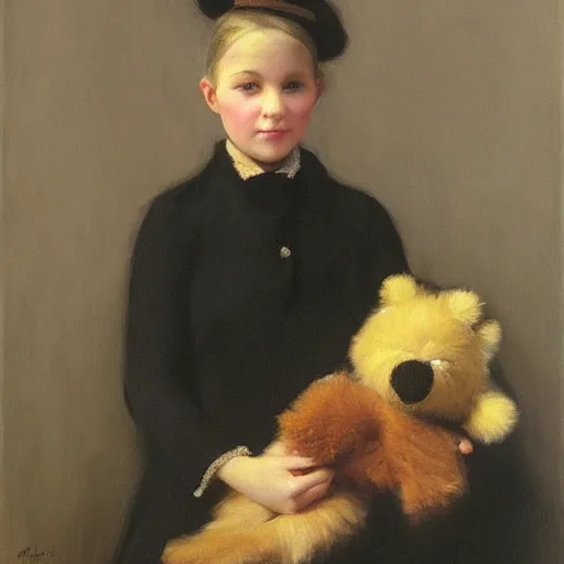 Prompt: “ blonde haired girl holding a stuffed animal, very detailed, oil painting, portrait, dark background, by john singer sargent ”