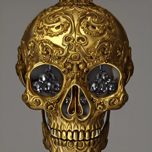 Prompt: baroque skull, scrollwork, gold, silver, precious gems, rendered in octane, close-up