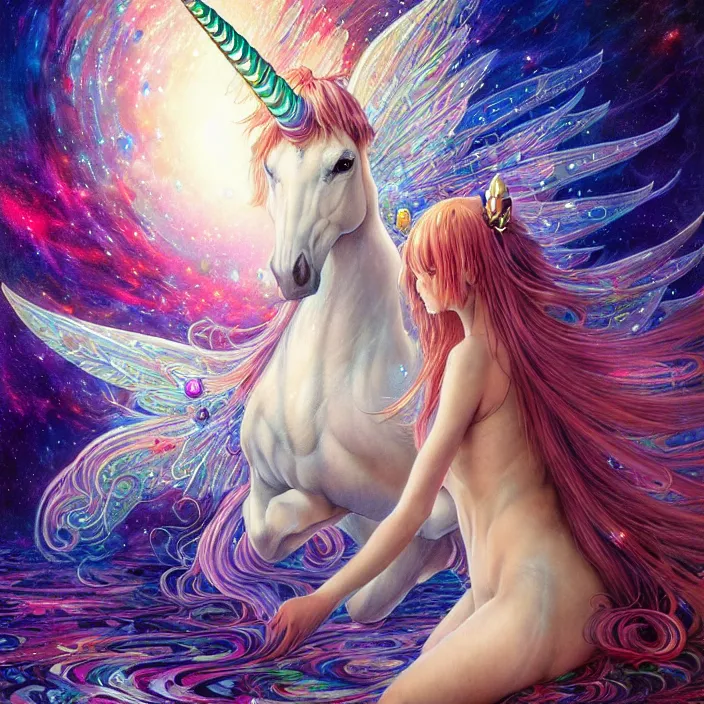 Image similar to ultra detailed illustration of a unicorn anime girl covered in liquid chrome, lost in a dreamy fairy multiverse, by Karol Bak, Johfra Bosschart, Andrew Thomas Huang, dan mumford, Druillet colorful, front view, vivid colors, 8k, coherent, artgerm, anime vibes, octane render, uplifting, magical composition, artstation