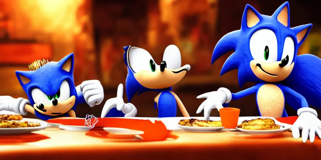 Image similar to A render of Sonic the Hedgehog sitting across from Shadow the Hedgehog in a dark restaurant, Sonic looks like he is shocked, Shadow is looking away in disgust, they both have hamburgers in front of them on a plate, movie, HDR, moody lighting, unique camera angle from the end of the table and between the two of them, orange candle lighting is glowing on their faces, romantic scene