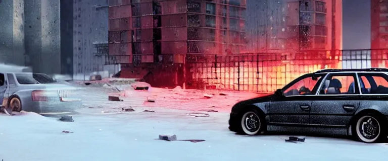 Image similar to Audi A4 B6 Avant (2002), a gritty neo-noir, dramatic lighting, cinematic, eerie person, death, homicide, homicide in the snow, viscera splattered, gunshots, bullet holes, establishing shot, extremely high detail, photorealistic, fire, arson, cinematic lighting, artstation, by simon stalenhag, Max Payne (PC) (2001) winter New York at night, In the style of Max Payne 1 graphic novel, flashing lights, Poets of the Fall - Late Goodbye