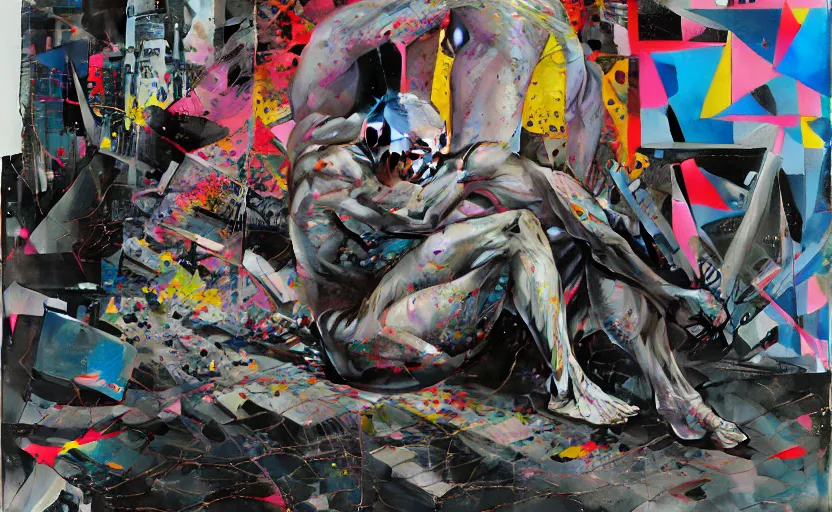 Image similar to decollage painting old man struggle on a street of ruined city with his muscles and ligaments in incredible tension by adrian ghenie and takato yamamoto and edward hopper and mark ryden and tsutomu nihei, part by bridget riley, acrylic pour and splashing paint, very coherent, baroque elements, perfect anatomy, intricate design. pop art.