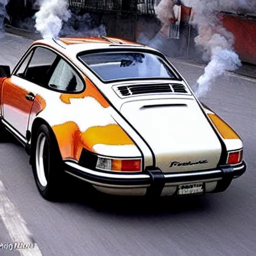 Image similar to porsche 911 time traveling in back 2 the future. burning trail of flames on the street. 88miles per hour