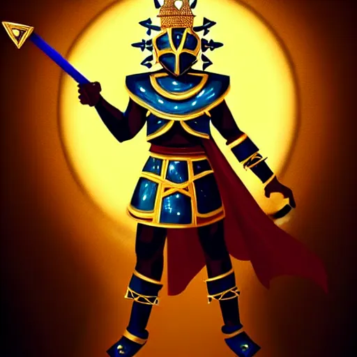 Image similar to a young black boy dressed like an african moorish warrior, with four arms, wearing gold armor and a crown with a ruby, posing with a very ornate glowing electric spear!!!!, for honor character digital illustration portrait design, by android jones in a psychedelic fantasy style, dramatic lighting, hero pose, wide angle dynamic portrait