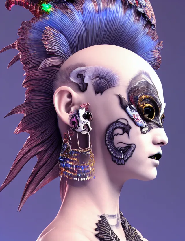 Image similar to 3 d goddess close - up profile portrait punk with mohawk with ram skull. beautiful intricately detailed japanese crow kitsune mask and clasical japanese kimono. betta fish, jellyfish phoenix, bio luminescent, plasma, ice, water, wind, creature, artwork by tooth wu and wlop and beeple and greg rutkowski