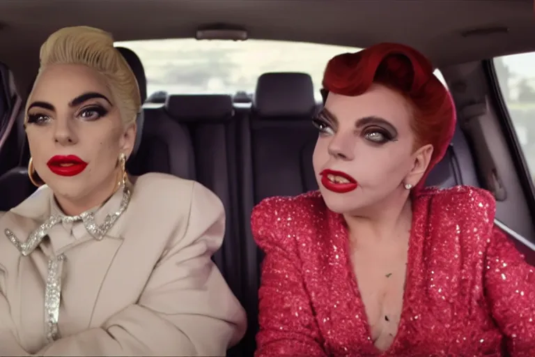 Image similar to lady gaga and judy garland in carpool karaoke, lady gaga, judy garland, red weapon 8 k s 3 5, cooke anamorphic / i lenses, highly detailed, cinematic lighting