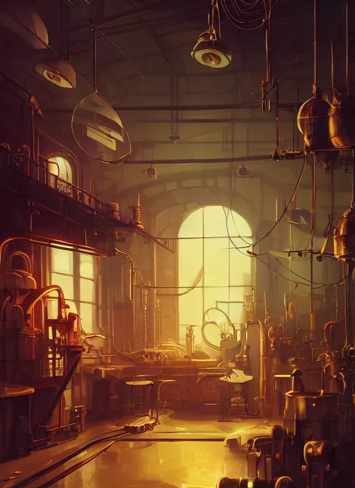 Image similar to beautiful interior of a small steampunk factory, artgerm, james gilleard, delphin enjolras, goro fujita, makoto shinkai, paul lehr, exquisite lighting, octane render, very coherent, trending on artstation