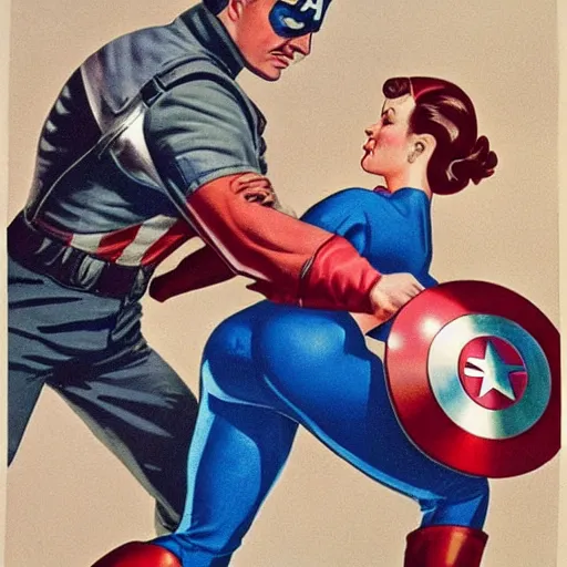 Prompt: female captain america putting hitler in a headlock. wwii american propaganda poster by james gurney