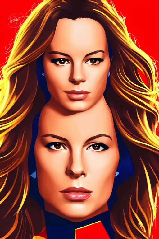 Prompt: young gorgeous Kate Beckinsale as Captain Marvel high quality digital painting in the style of James Jean