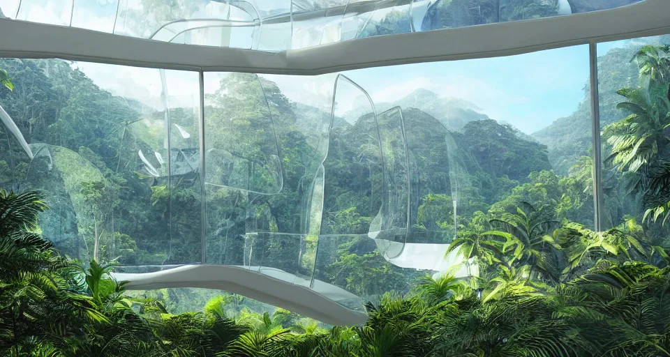 Prompt: looked at big window, architectural, cloud forest, tropical, birds and butterflies, mountains in background, sunny day time, clear sky, futuristic, ultra realistic, ultra detailed, cinematic light, anamorphic