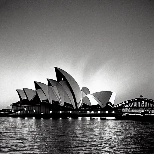 Image similar to Sydney Opera house on fire, photo by ansel adams |