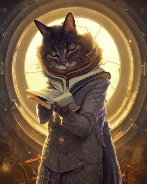 Image similar to anthropomorphic art of a timelord cat inside tardis, victorian inspired clothing by artgerm, victo ngai, ryohei hase, artstation. fractal papersand books. highly detailed digital painting, smooth, global illumination, fantasy art by greg rutkowsky, karl spitzweg, doctor who