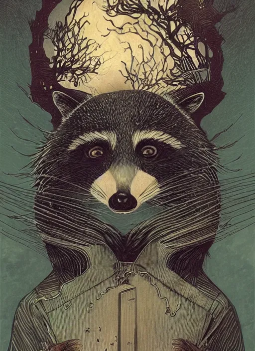 Prompt: a fantasy illustration portrait of an anthropomorphic raccoon mage, by victo ngai, by stephen gammell, by george ault, artstation