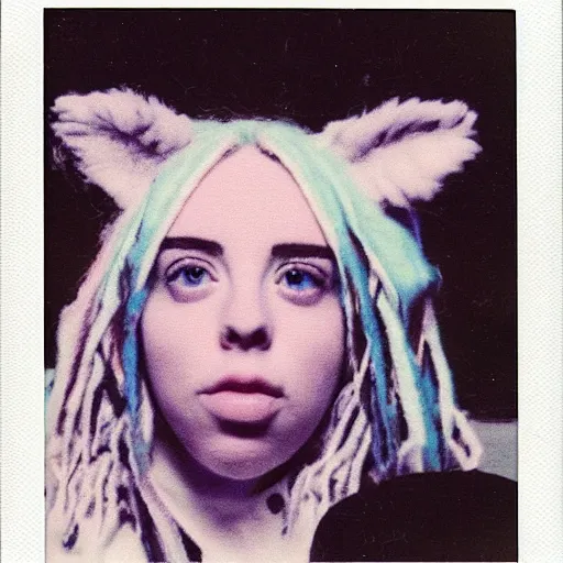 Image similar to billie eilish as a wool toy polaroid crumbled photo