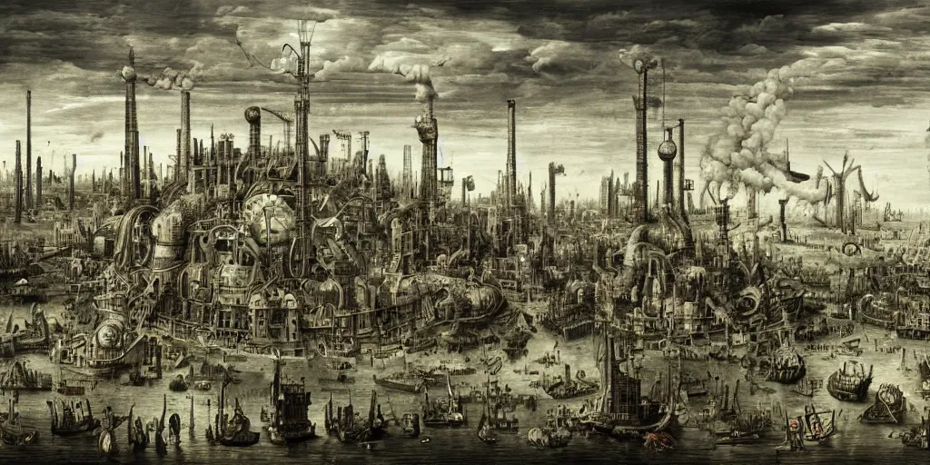 Prompt: industrial megastructure in the style of heironymus bosch, intricate masterpiece, hyper detailed, hd