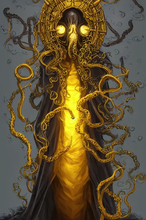 Image similar to A full body portrait of a mysterious character with no face with a very long hooded yellow cloak, a golden crown floating above his head, tentacles coming out the ground art by Shaddy Safadi and Jason Chan, ominous, cosmic horror, trending on artstation, Ultra detailed, hyper realistic 4k