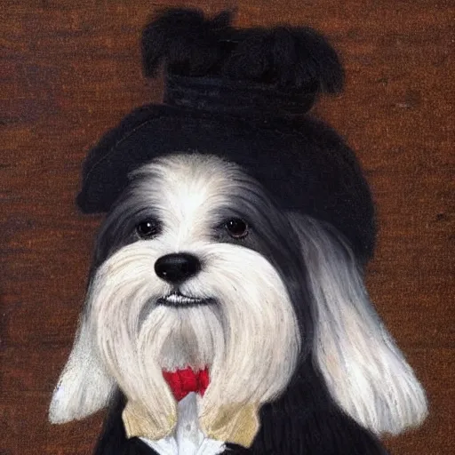 Image similar to A black coton de tulear dog with black fur dressed up as a dapper english gentleman wearing a frilly hat, renaissance oil painting, highly detailed