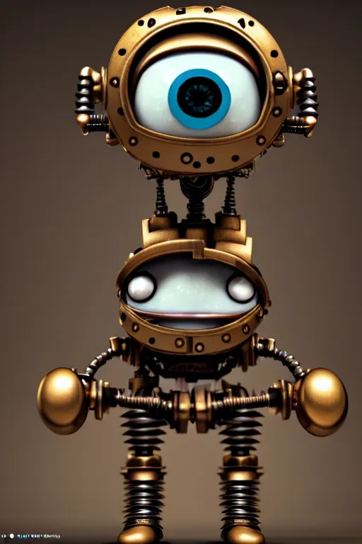 Prompt: a tiny cute steampunk robot with cogs screws big eyes smiling waving, back view, isometric 3 d, ultra hd, character design by mark ryden pixar hayao miyazaki, unreal 5, daz, hyperrealistic, octane render, cosplay, rpg portrait, dynamic lighting, intricate detail, summer vibrancy, cinematic, centered