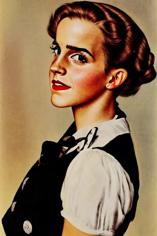 Image similar to photo photorealistic portrait photograph Emma Watson as penthouse maid 1950s portrait by Norman Rockwell