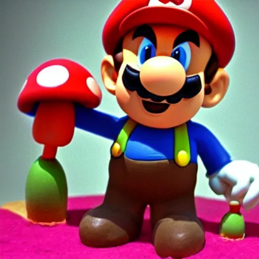 Image similar to claymation mario holding a mushroom