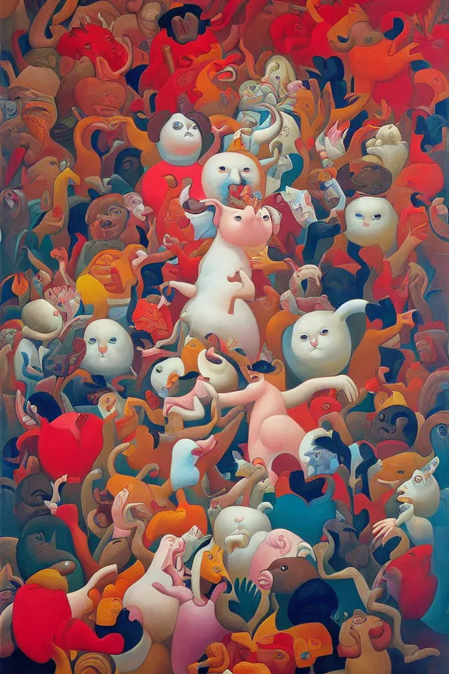 Prompt: painting animal puppet head banging groove is in the heart, we're going to dance and have some fun, painted by james jean and fernando botero