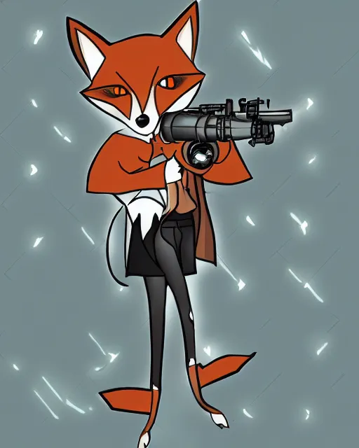Image similar to a fox wearing a black trench - coat holding a diamond studded mini - gun, comic art style, digital art,