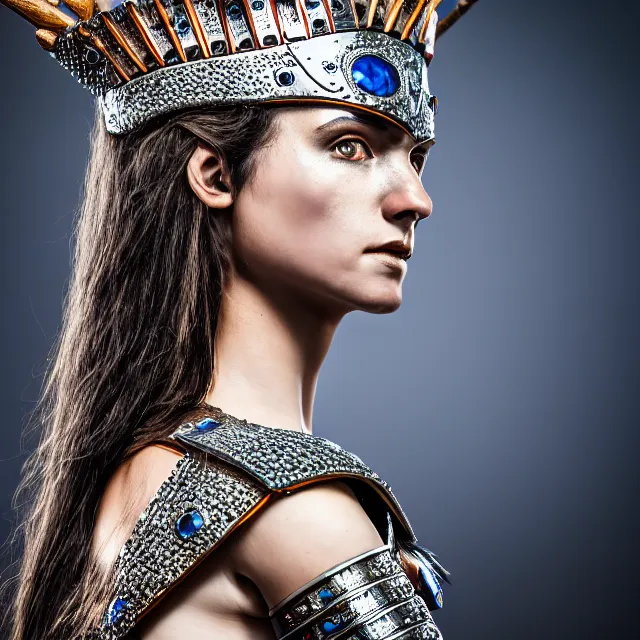 Image similar to full length photo of a beautiful warrior queen wearing sapphire encrusted armour, highly detailed, 8 k, hdr, smooth, sharp focus, high resolution, award - winning photo