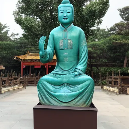 Prompt: photo of the statue of harmony as an asian in china, copper cladding