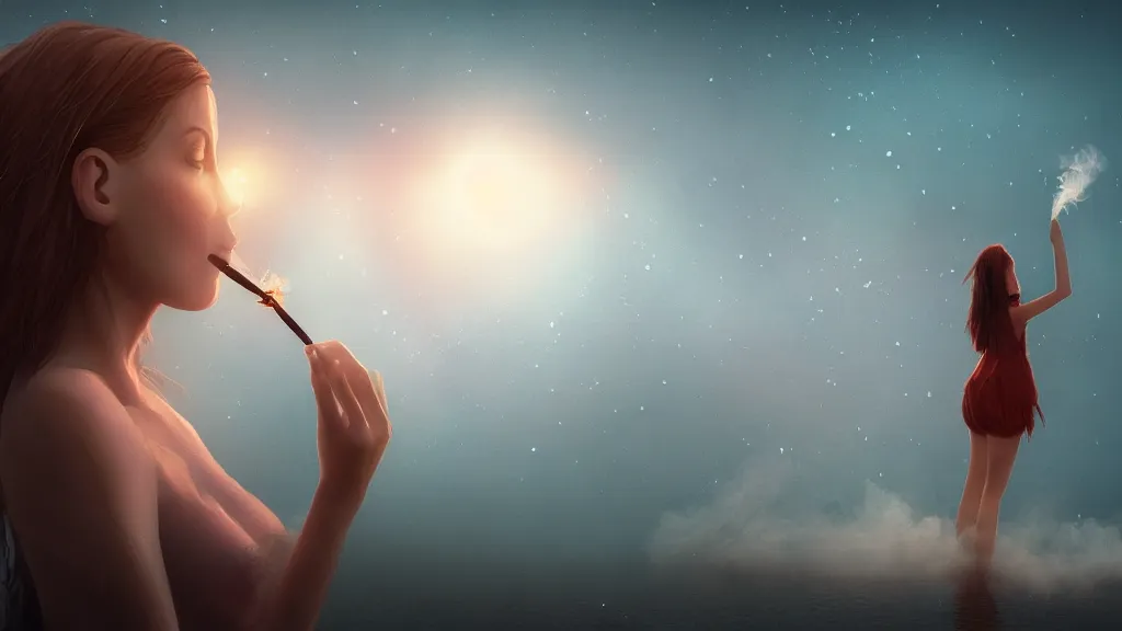 Image similar to whimsical, a beautiful playful woman, wearing professional makeup, standing in a lake, blowing smoke, under the stars, with a binary black hole with a ring in the sky, by Lois van Baarle, by Greg Rutkowski, by Steve Argyle, face enhance, volumetric lighting, 4k resolution, octane render, trending on artstation