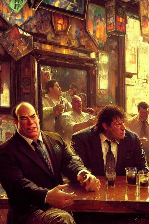 Image similar to hulking jon taffer, balding, wearing suit ogre - like, huge, at a bar, painting by gaston bussiere, craig mullins, greg rutkowski, alphonse mucha