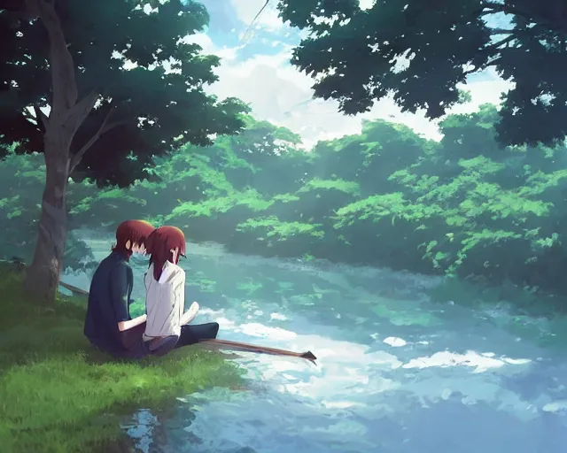 Image similar to a boy and a girl with long flowing auburn hair, boy has short black hair, sitting next to each other, facing the river in one single boat. Atmospheric lighting, long shot, romantic, boy and girl are the focus, trees, blue water, narrow river, close river bank, shady. Anime. By Makoto Shinkai, Stanley Artgerm Lau, WLOP, Rossdraws, James Jean, Andrei Riabovitchev, Marc Simonetti, krenz cushart, Sakimichan, D&D trending on ArtStation, digital art.