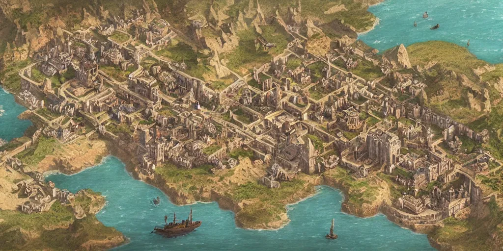 Prompt: stunning D&D top-down map of a medieval coastal city, trending on artstation, cgsociety, 8k, cinematic art by Greg Rutkowski and Thomas Kinkade and William O'Connor