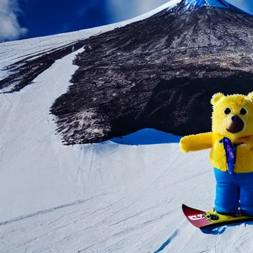 Prompt: teddy bear, snowboarding on a volcano with spongebob