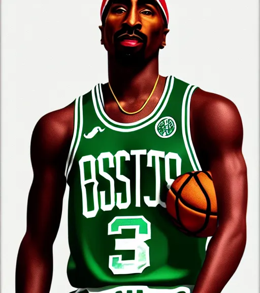 Image similar to portrait of tupac shakur, boston celtics jersey number 3 4, green, white, cartoon digital art, oil on canvas, trending on artstation, octane render