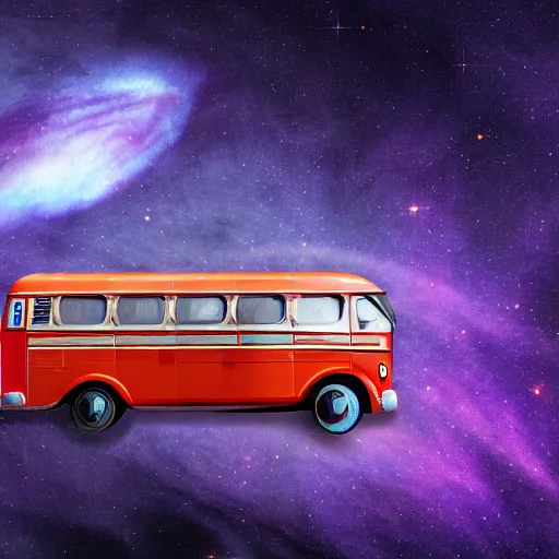 Prompt: Soviet era bus in space in front of a purple nebula