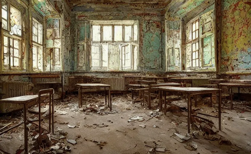 Prompt: Abandoned school. By Konstantin Razumov, highly detailded