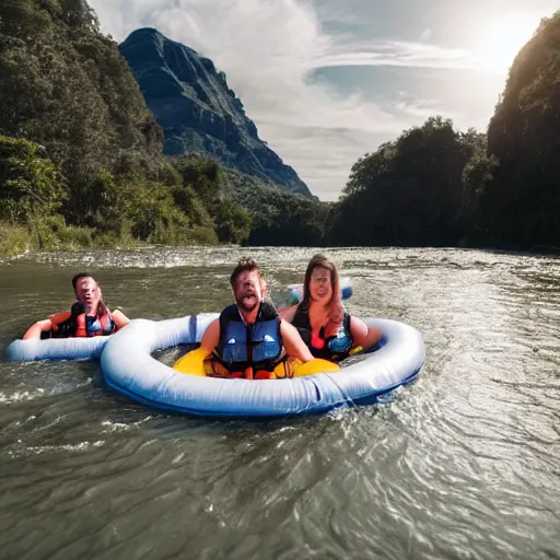 Prompt: a group of 4 people on 4 separate inner tubes floating on a river, there are dinosaurs in the background, dramatic lighting, cinematic