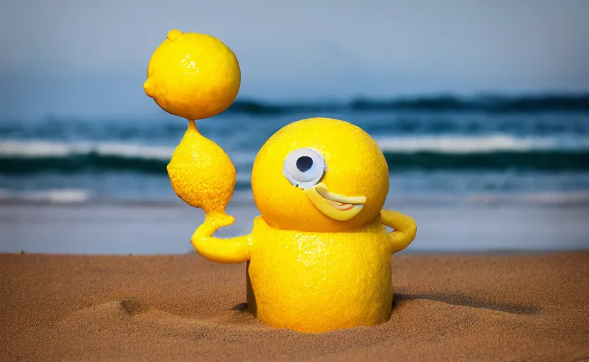 Image similar to 5 0 mm photograph, of a real anthropomorphic lemon character, with lemon skin texture, it is wearing a hat and scuba diving, building a sandcastle on the beach at sunset, beach, huge waves, sun, clouds, tropical trees, rim light, cinematic photography, professional, sand, sandcastle, volumetric lightening