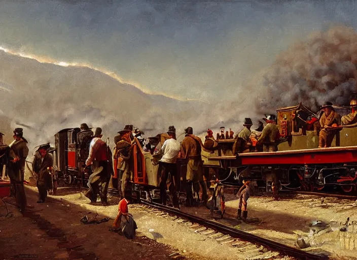 Prompt: detailed painting of railroad workers drinking wine and having fun against the backdrop of a steam locomotive advancing right ahead of them by ivan aivazovski