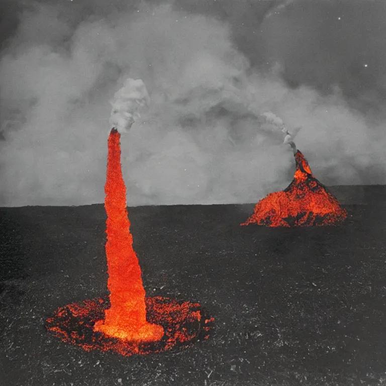 Prompt: A transparent glass Volcano violently spewing lava into space, dark background, photograph by William Eggleston