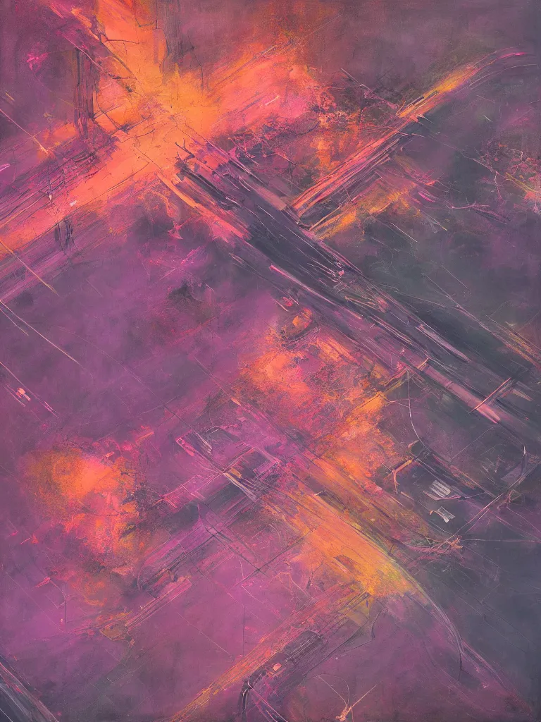 Prompt: a beautiful abstract painting by peter vahlefeld of a drone view of a highway intersection, color bleeding, pixel sorting, copper oxide material, brushstrokes by jeremy mann, zenith lighting, pastel purple background, square shapes