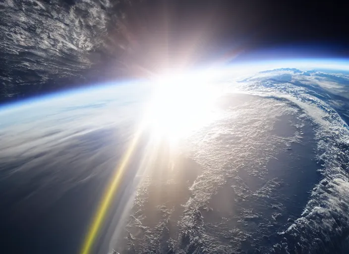 Image similar to nasa satellite still of a disk shaped earth with mountains peaking out of the clouds, sun behind it lens flares, 8 k