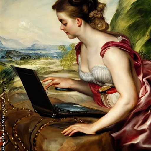 Prompt: heavenly summer sharp land sphere scallop well dressed lady working on her laptop auslese, by peter paul rubens and eugene delacroix and karol bak, hyperrealism, digital illustration, fauvist