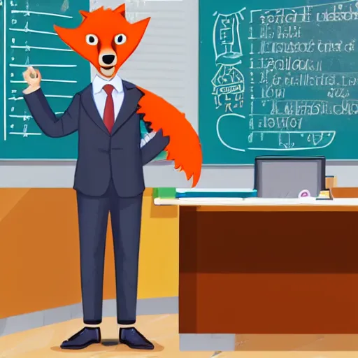 Image similar to a cute male anthropomorphic vulpes vulpes fulva teacher wearing suit working at a school