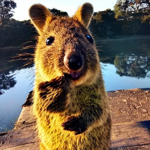 Prompt: happy quokka taking a selfie and smoking a big cannabis joint, golden hour, ultra realistic