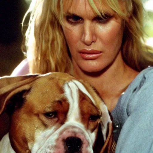 Image similar to daryl hannah in splash with a staffordshire bulldog, professional lighting, cinematic, ultra detailed, perfect face, rules of thirds.
